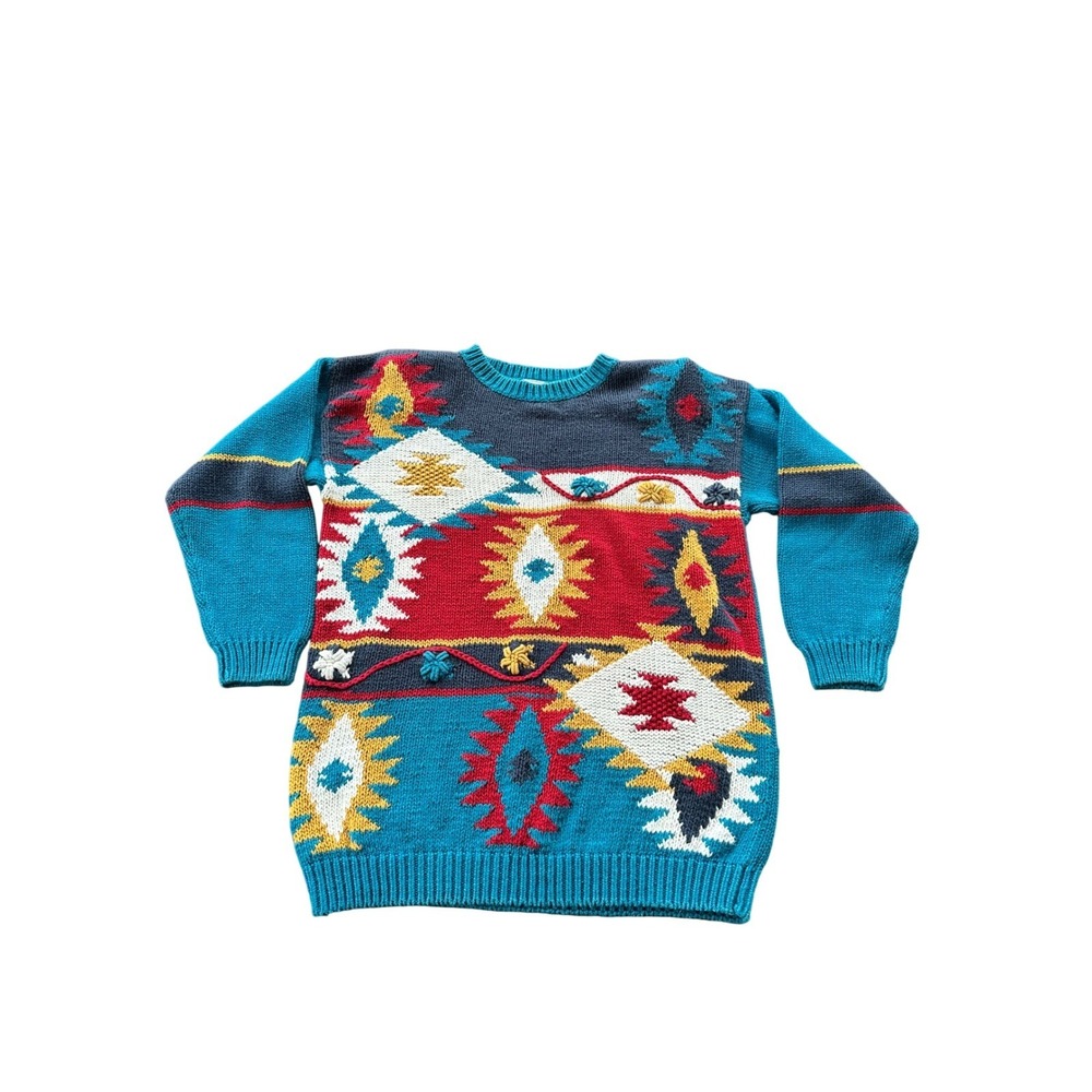 VTG Southwestern Geometric Print Chunky Knit Sweater Teal Red M Western Cowgirl